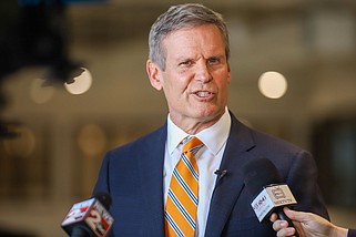 Staff photo by Olivia Ross  / Tennessee Gov. Bill Lee speaks with members of the media in Cleveland on Nov. 1, 2022. Lee, along with five other Republican governors from Southern states, released a statement criticizing the United Auto Workers union ahead of a vote at the Chattanooga Volkswagen plant this week.